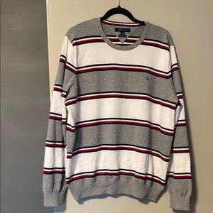 Tommy Hilfiger Men's Gray and White Striped Crewneck Sweater XL